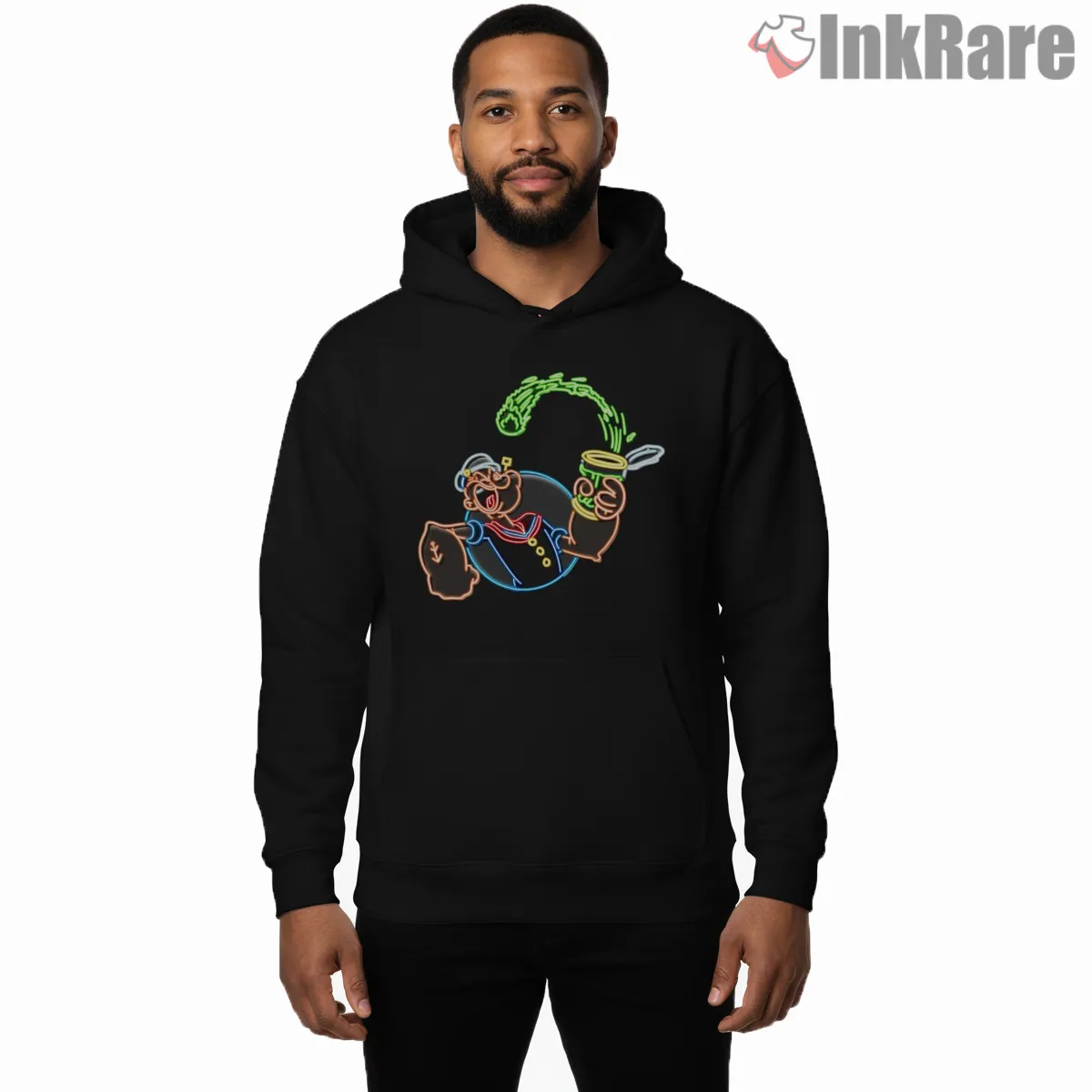 Popeye Neon Spinach Glow Shirt on black hoodie for men graphic tee