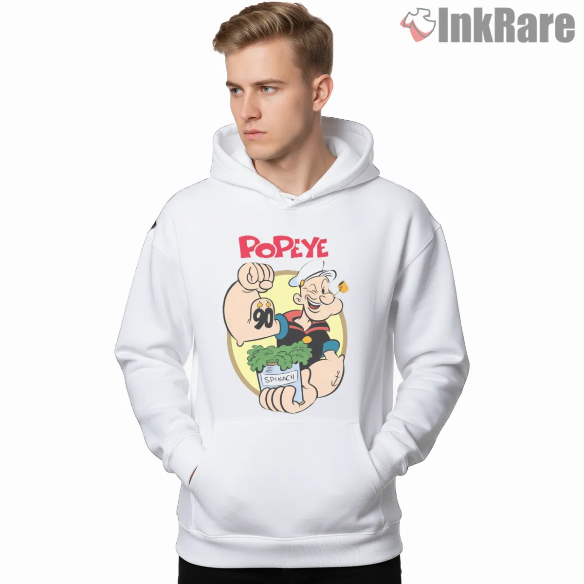 Popeye Ninetieth Spinach Strength Anniversary Shirt on white hoodie for men graphic tee