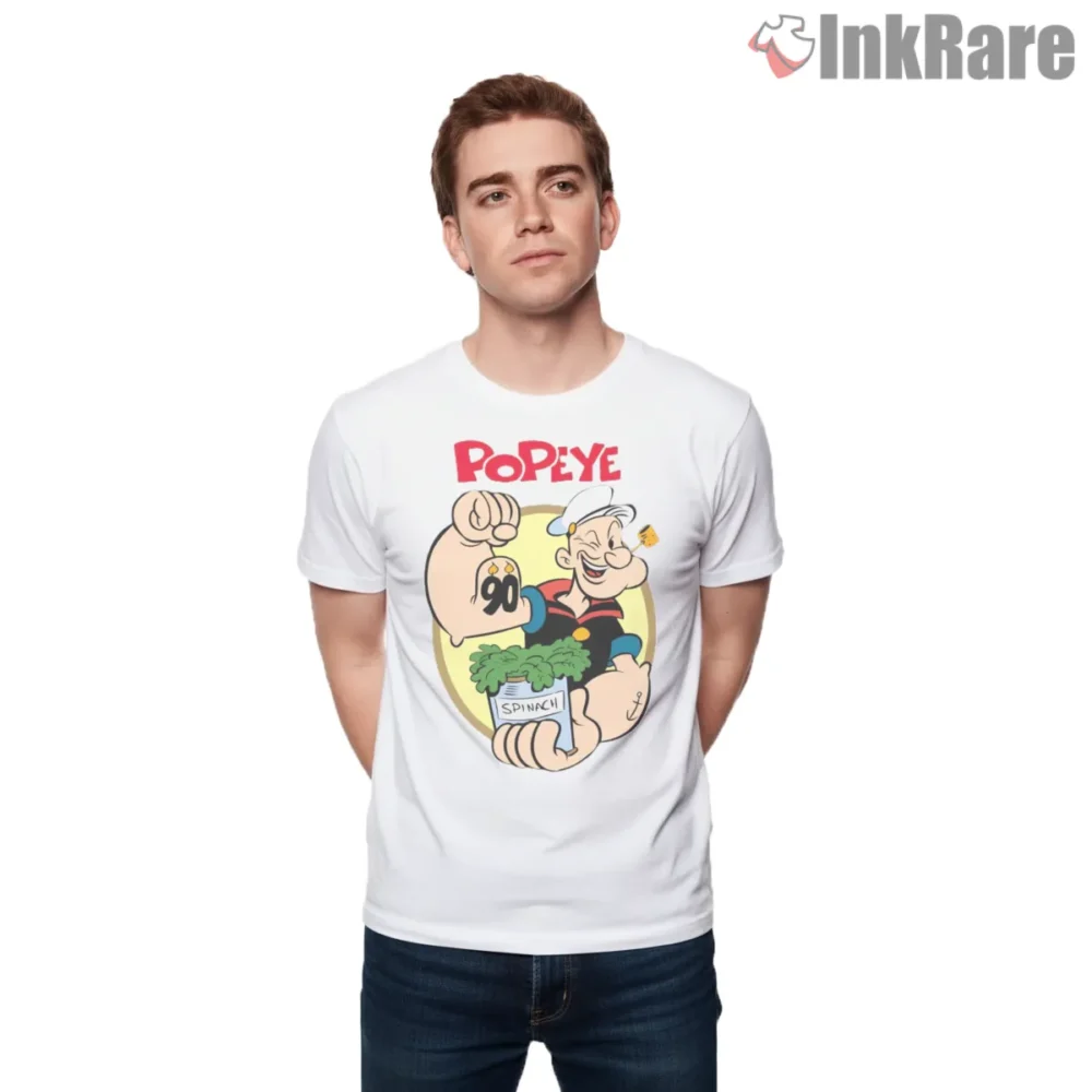 Popeye Ninetieth Spinach Strength Anniversary Shirt on white short sleeve shirt for men graphic tee
