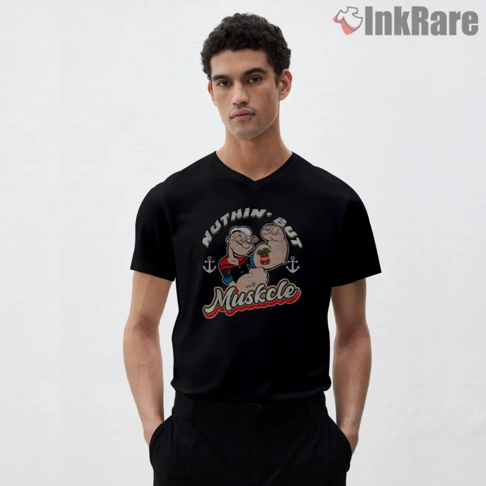 Popeye Nuthin But Muscle Anchor Badge Shirt on black v-neck shirt for men graphic tee