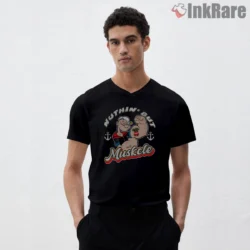 Popeye Nuthin But Muscle Anchor Badge Shirt on black v-neck shirt for men graphic tee