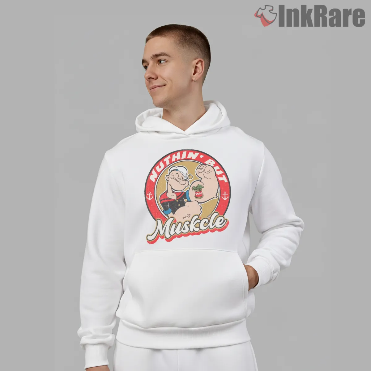 Popeye Nuthin But Muscle Spinach Power Shirt on white hoodie for men graphic tee