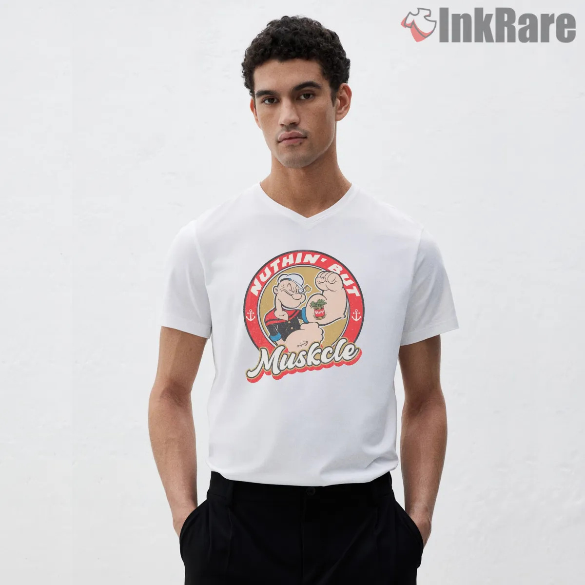 Popeye Nuthin But Muscle Spinach Power V Neck White Popeye Nuthin But Muscle Spinach Power Shirt on white v-neck shirt for men graphic tee