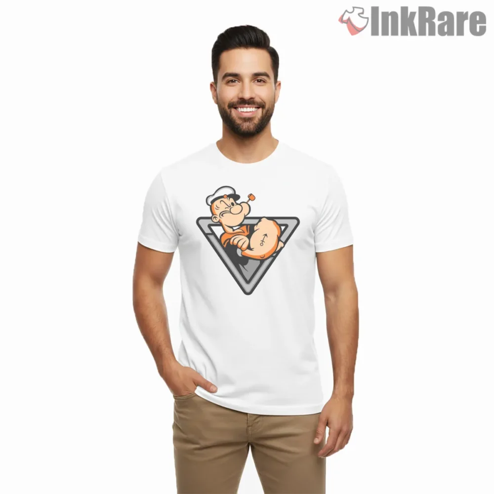 Popeye Orange Triangle Emblem Shirt on white short sleeve shirt for men graphic tee