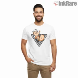 Popeye Orange Triangle Emblem Shirt on white short sleeve shirt for men graphic tee