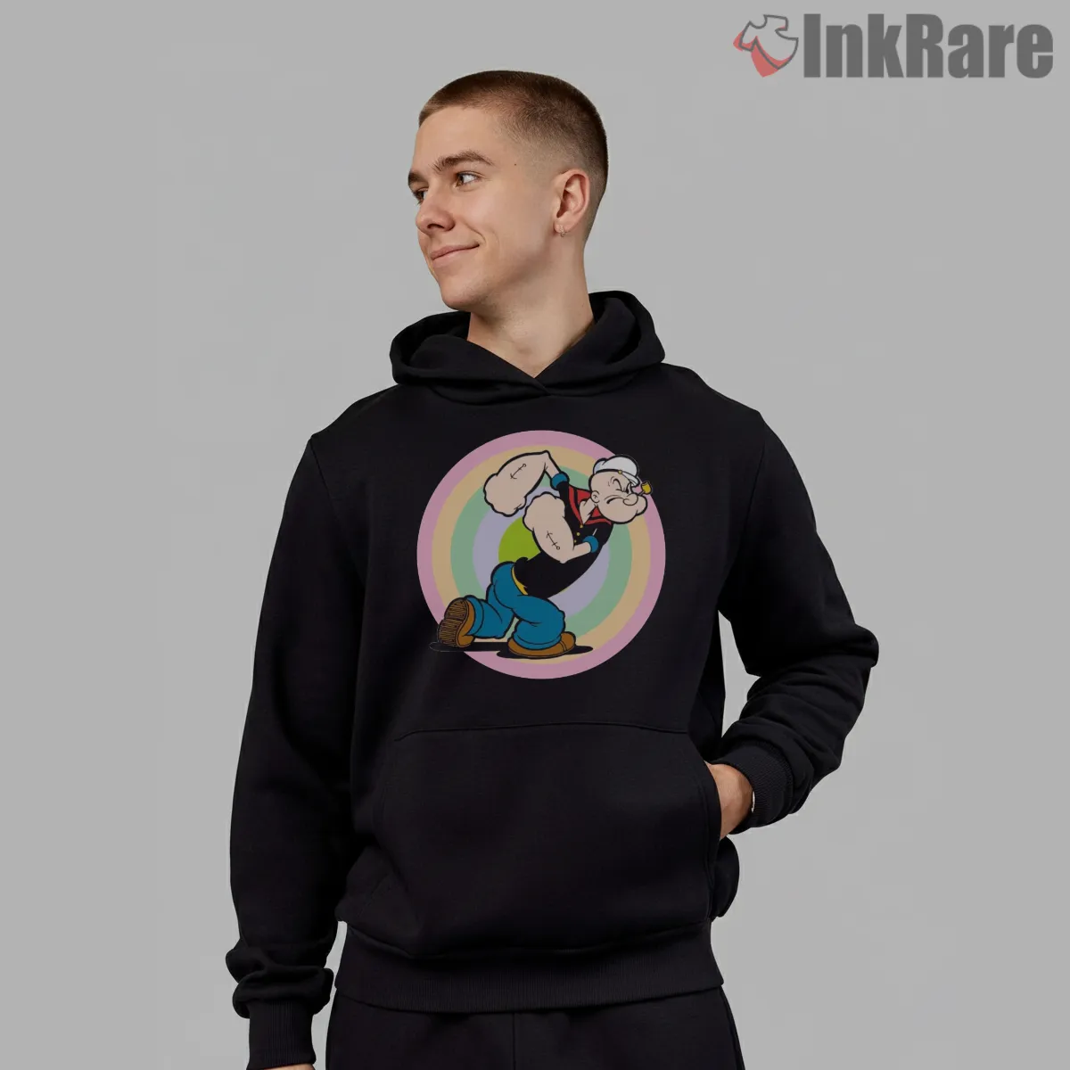 Popeye Pastel Power Stride Shirt on black hoodie for men graphic tee