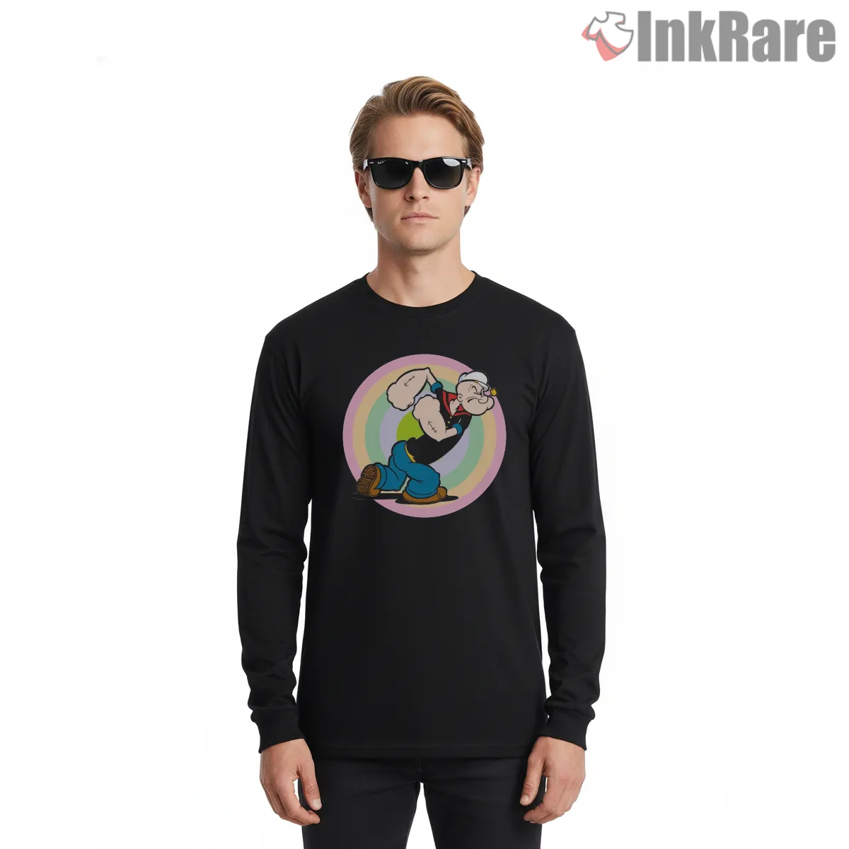 Popeye Pastel Power Stride Long Sleeve Black Popeye Pastel Power Stride Shirt on black long sleeve shirt for men graphic tee