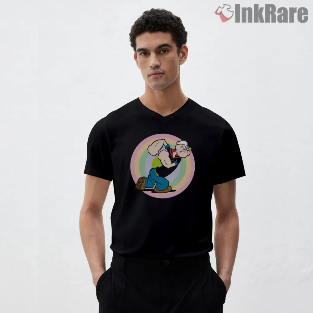 Popeye Pastel Power Stride Shirt on black v-neck shirt for men graphic tee