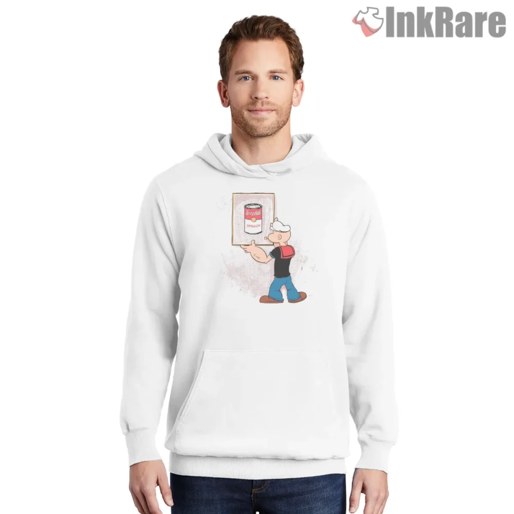 Popeye Pop Art Spinach Gallery Shirt on white hoodie for men graphic tee
