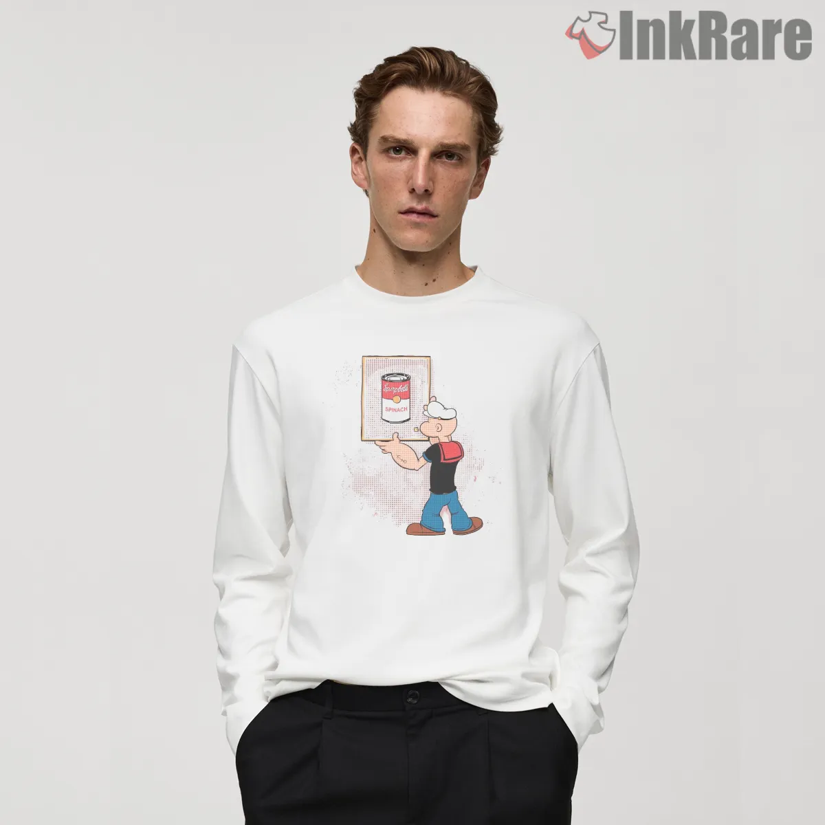 Popeye Pop Art Spinach Gallery Shirt on white long sleeve shirt for men graphic tee