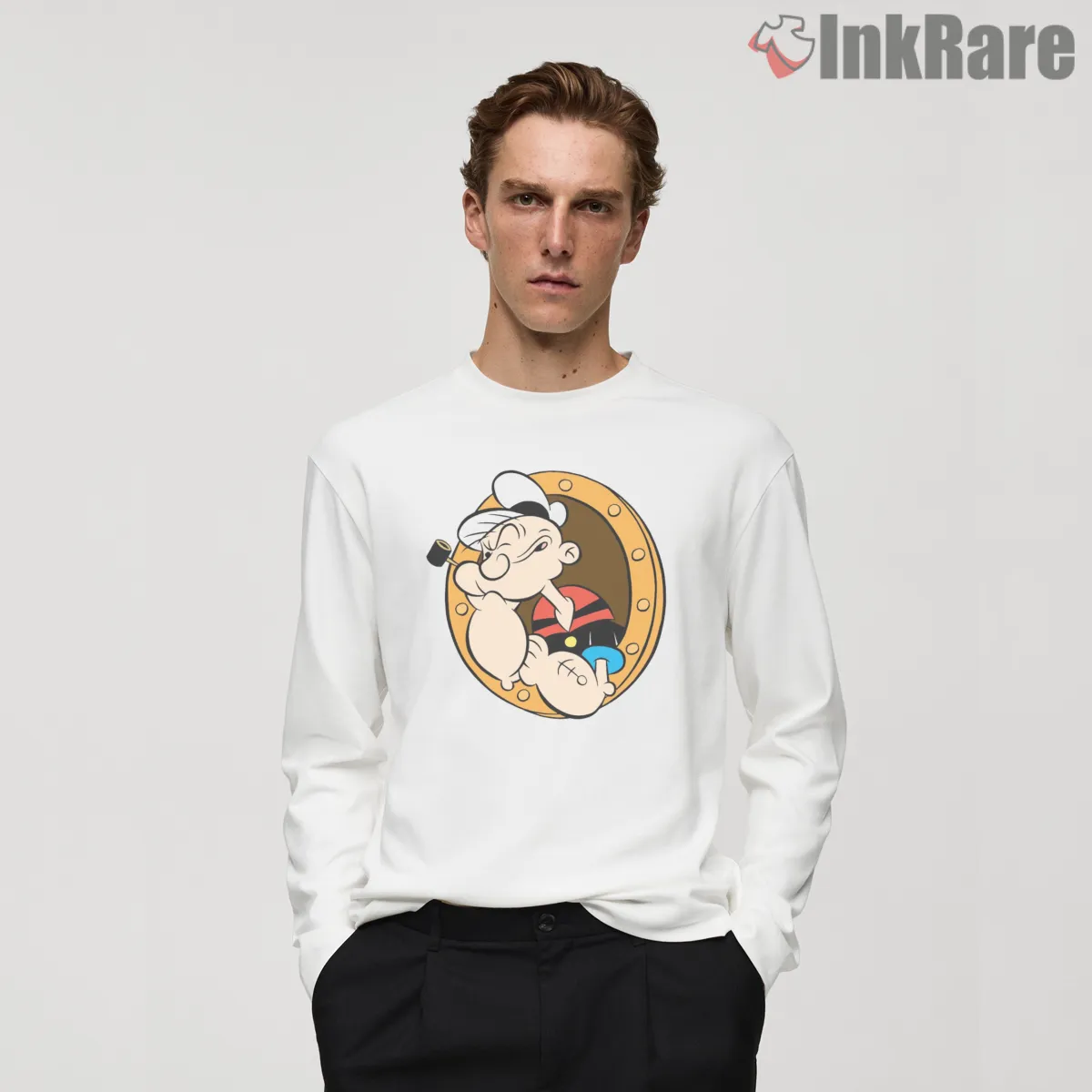 Popeye Porthole Sailor Window Shirt on white long sleeve shirt for men graphic tee