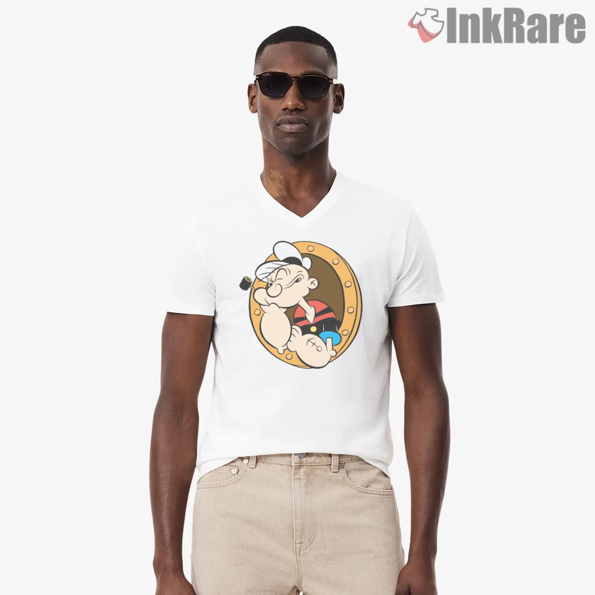 Popeye Porthole Sailor Window V Neck White Popeye Porthole Sailor Window Shirt on white v-neck shirt for men graphic tee