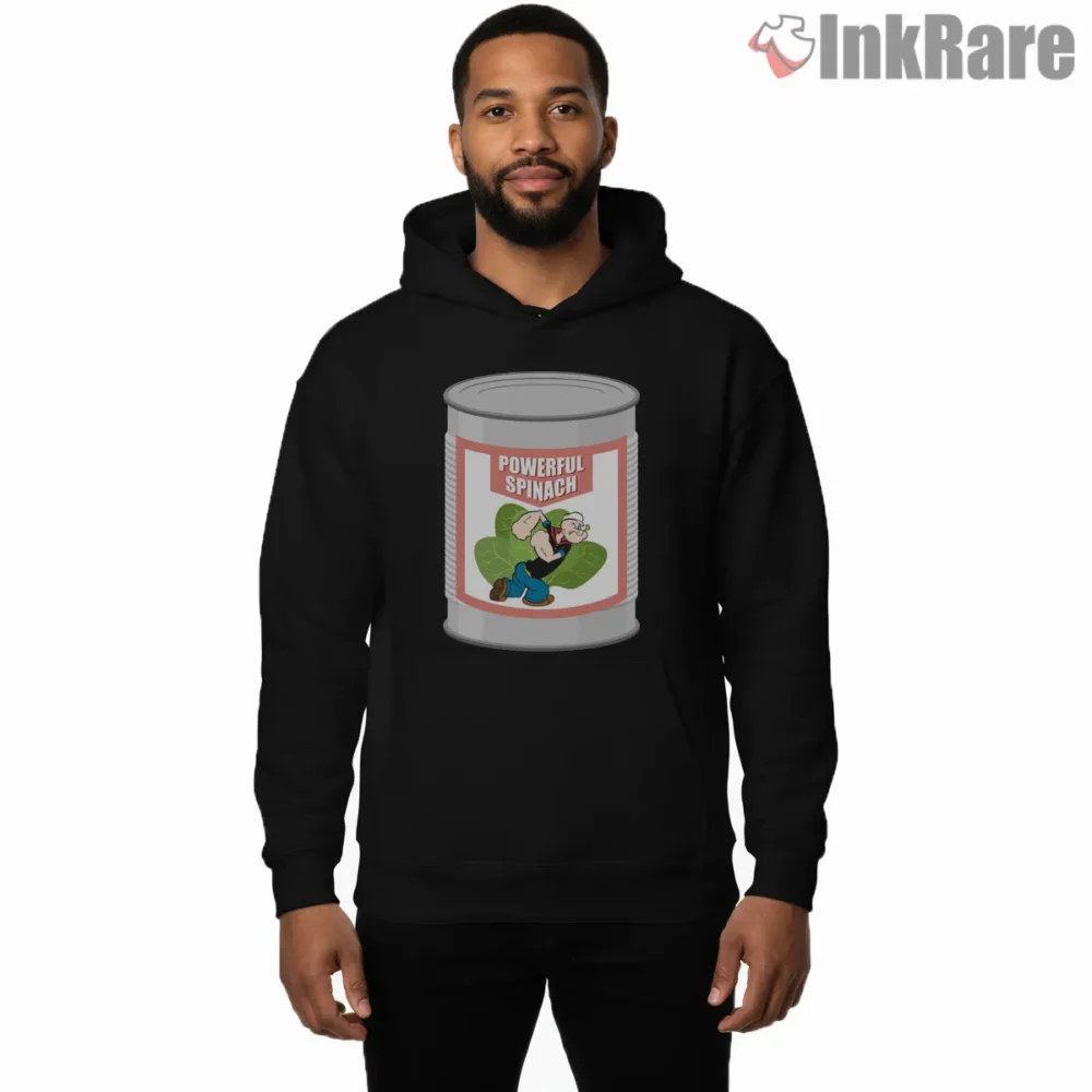 Popeye Powerful Spinach Can Label Shirt on black hoodie for men graphic tee