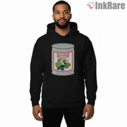 Popeye Powerful Spinach Can Label Shirt on black hoodie for men graphic tee