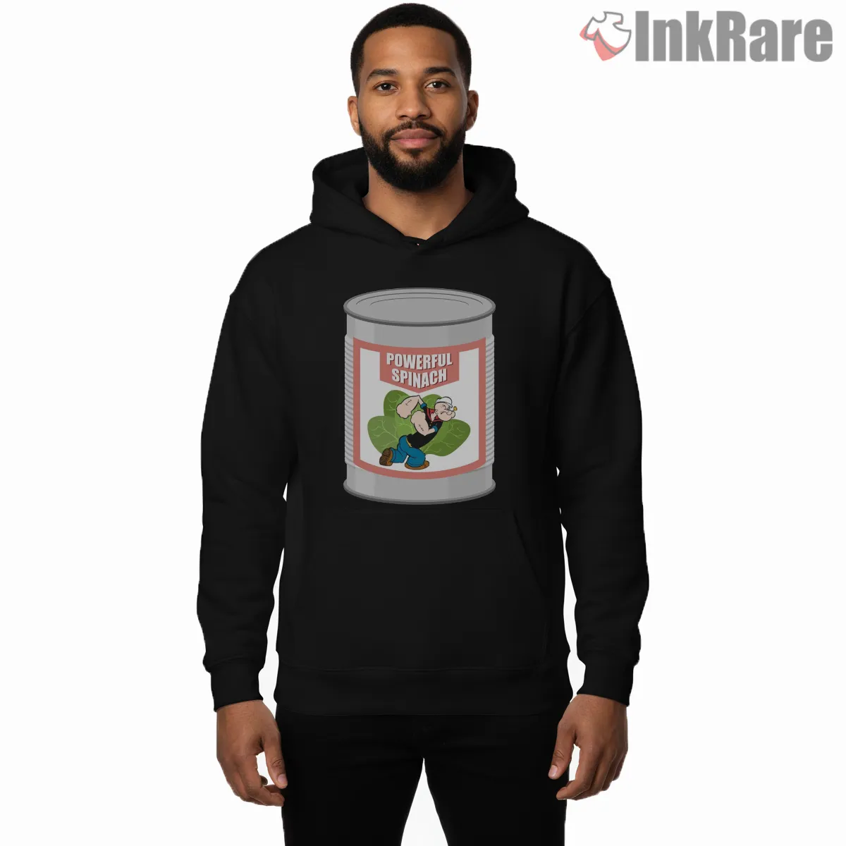 Popeye Powerful Spinach Can Label Hoodie Black Popeye Powerful Spinach Can Label Shirt on black hoodie for men graphic tee