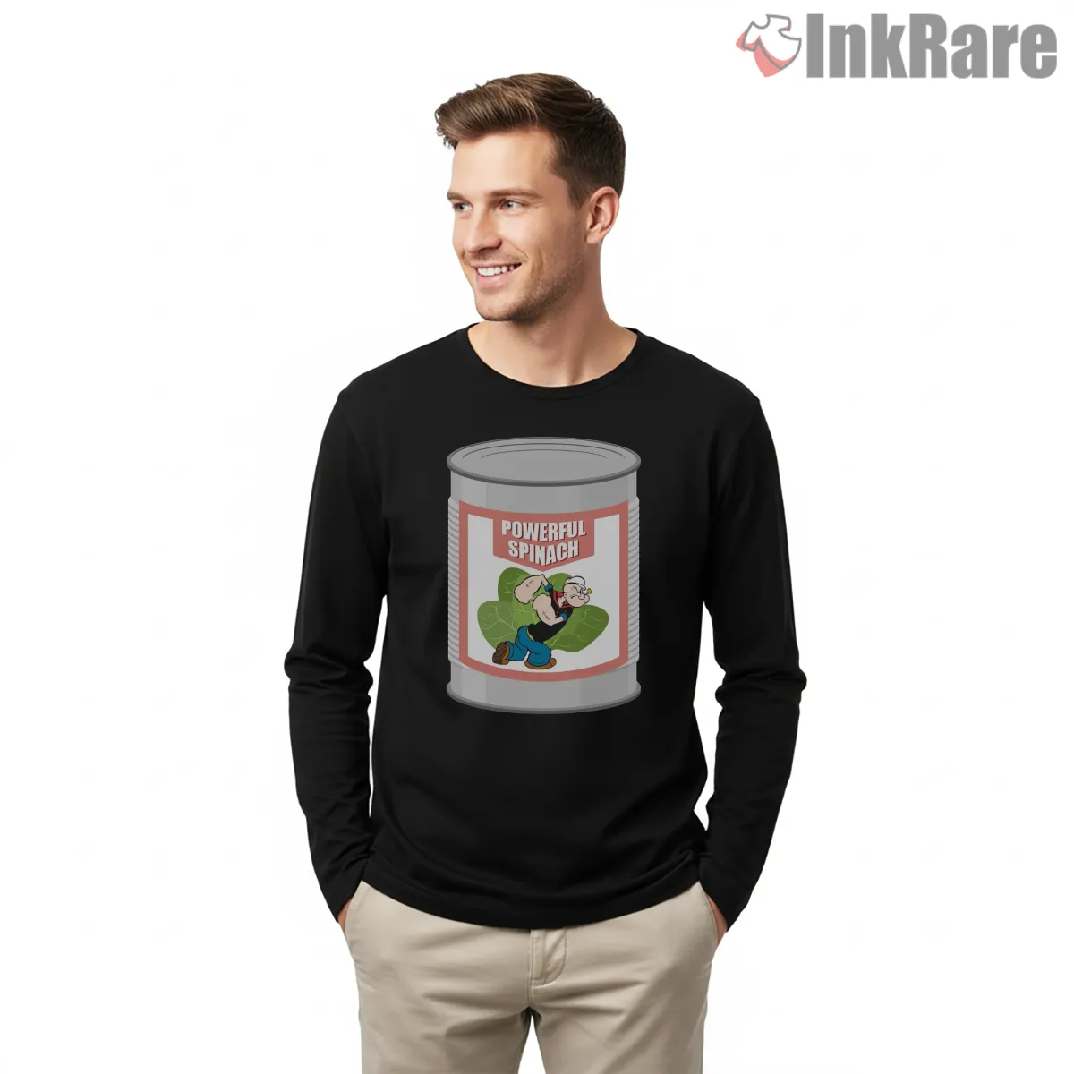 Popeye Powerful Spinach Can Label Shirt on black long sleeve shirt for men graphic tee
