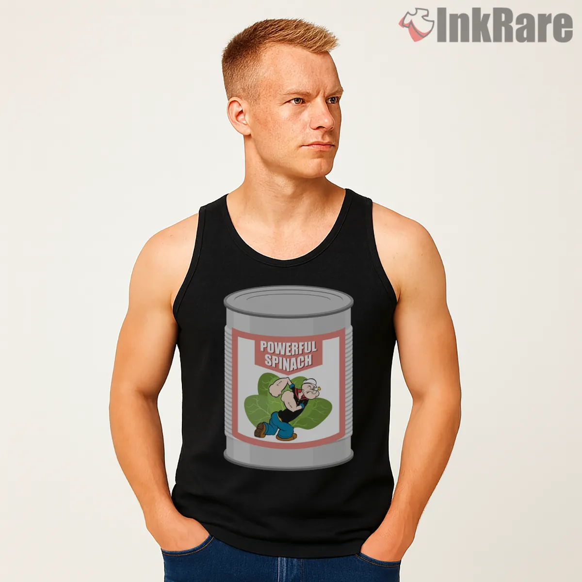Popeye Powerful Spinach Can Label Tank Top Black Popeye Powerful Spinach Can Label Shirt on black tank top for men graphic tee