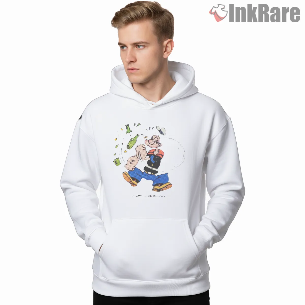 Popeye Punching Bottles Cartoon Chaos Shirt on white hoodie for men graphic tee