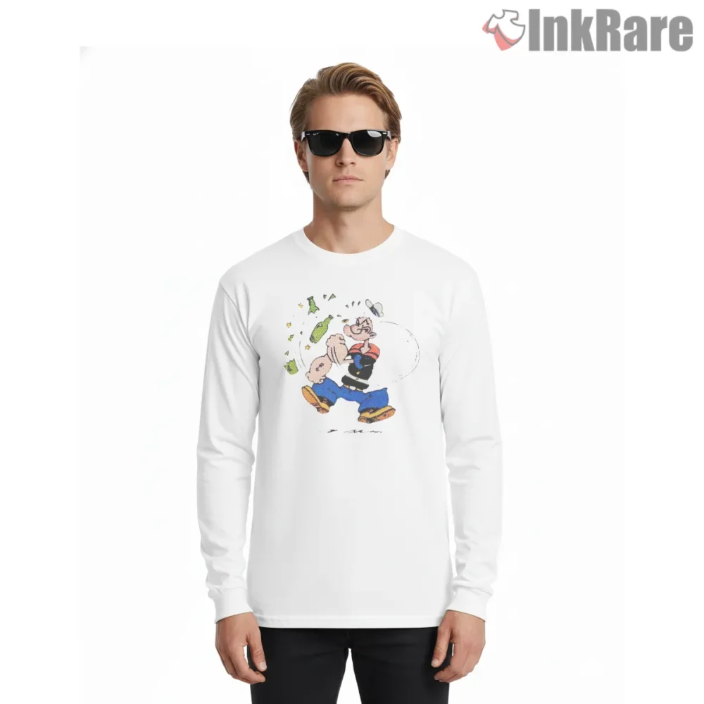 Popeye Punching Bottles Cartoon Chaos Shirt on white long sleeve shirt for men graphic tee