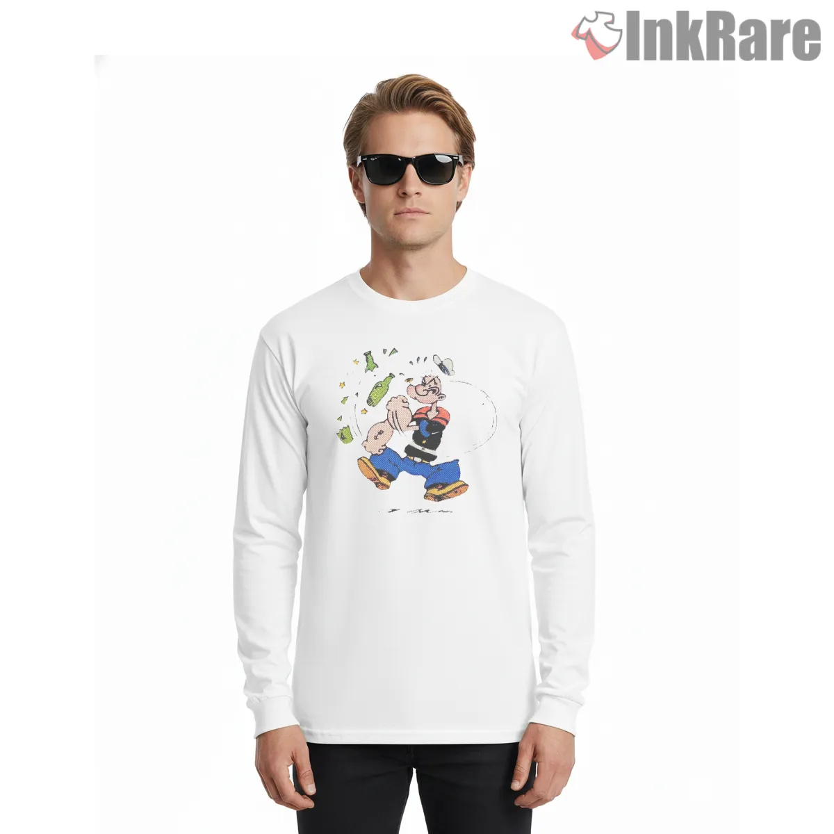 Popeye Punching Bottles Cartoon Chaos Long Sleeve White Popeye Punching Bottles Cartoon Chaos Shirt on white long sleeve shirt for men graphic tee