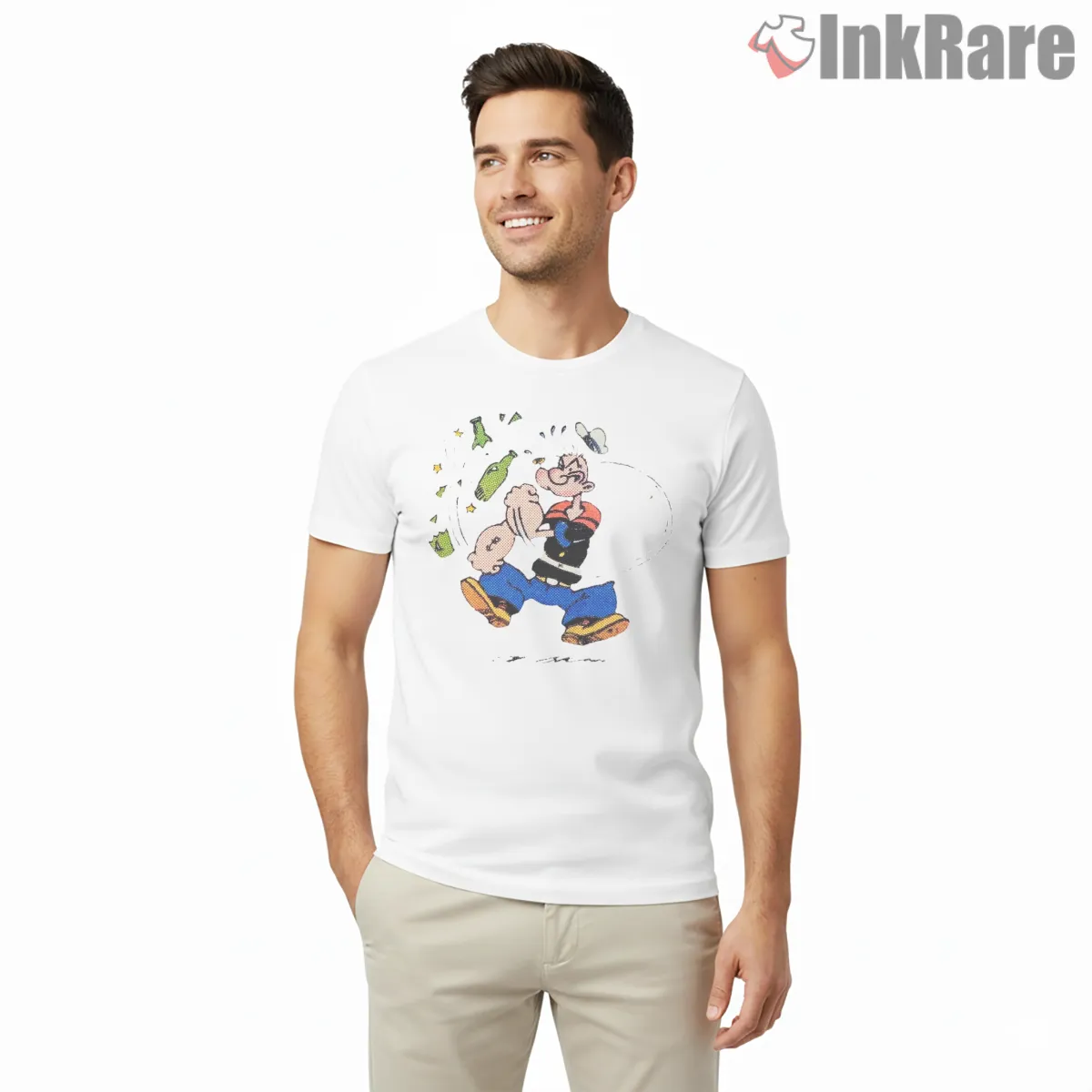 Popeye Punching Bottles Cartoon Chaos Short Sleeve White Popeye Punching Bottles Cartoon Chaos Shirt on white short sleeve shirt for men graphic tee
