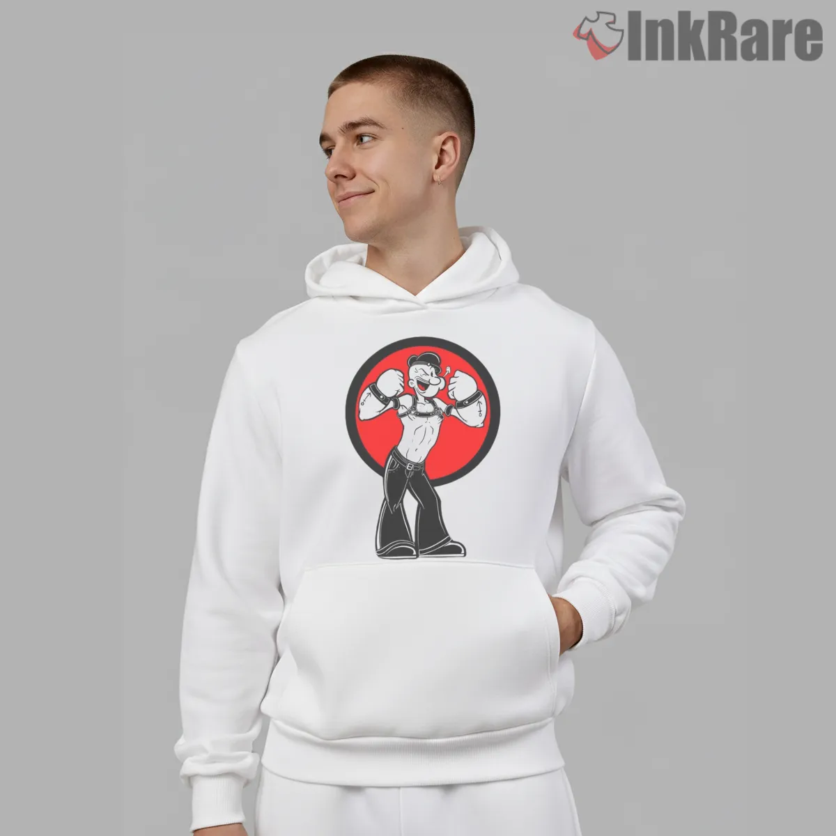 Popeye Red Circle Tough Sailor Pose Shirt on white hoodie for men graphic tee