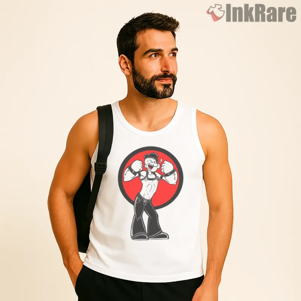 Popeye Red Circle Tough Sailor Pose Shirt on white tank top for men graphic tee