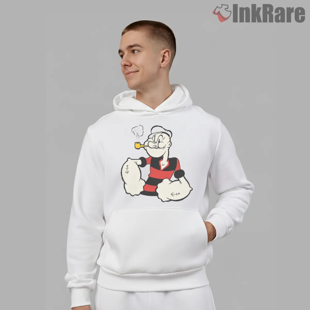 Popeye Red Stripe Tough Sailor Shirt on white hoodie for men graphic tee