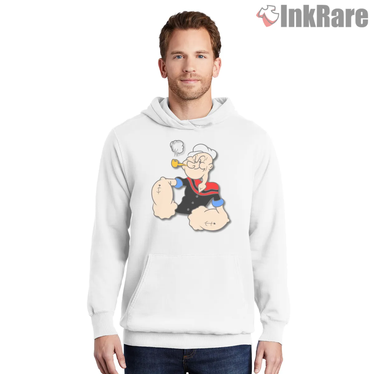 Popeye Relaxed Sailor Sitting Pose Shirt on white hoodie for men graphic tee