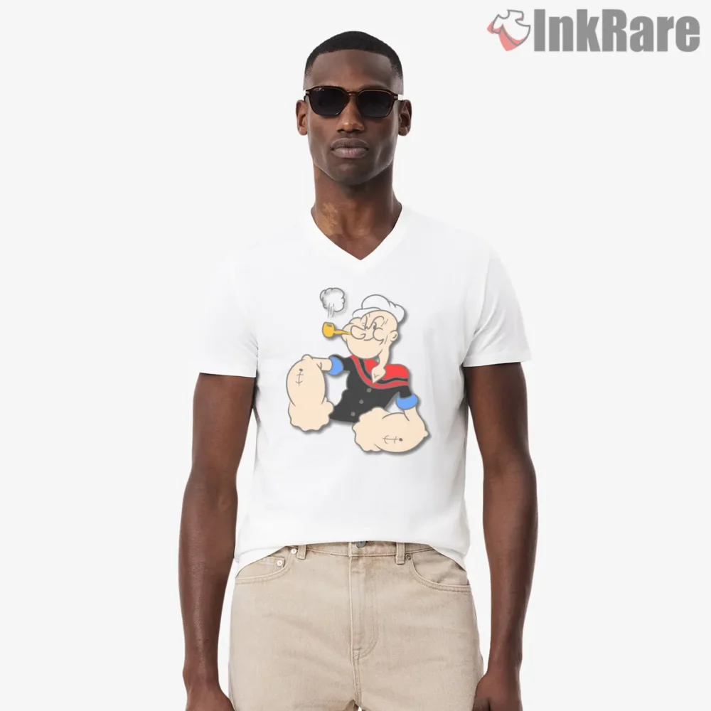 Popeye Relaxed Sailor Sitting Pose Shirt on white v-neck shirt for men graphic tee