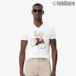 Popeye Relaxed Sailor Sitting Pose Shirt on white v-neck shirt for men graphic tee