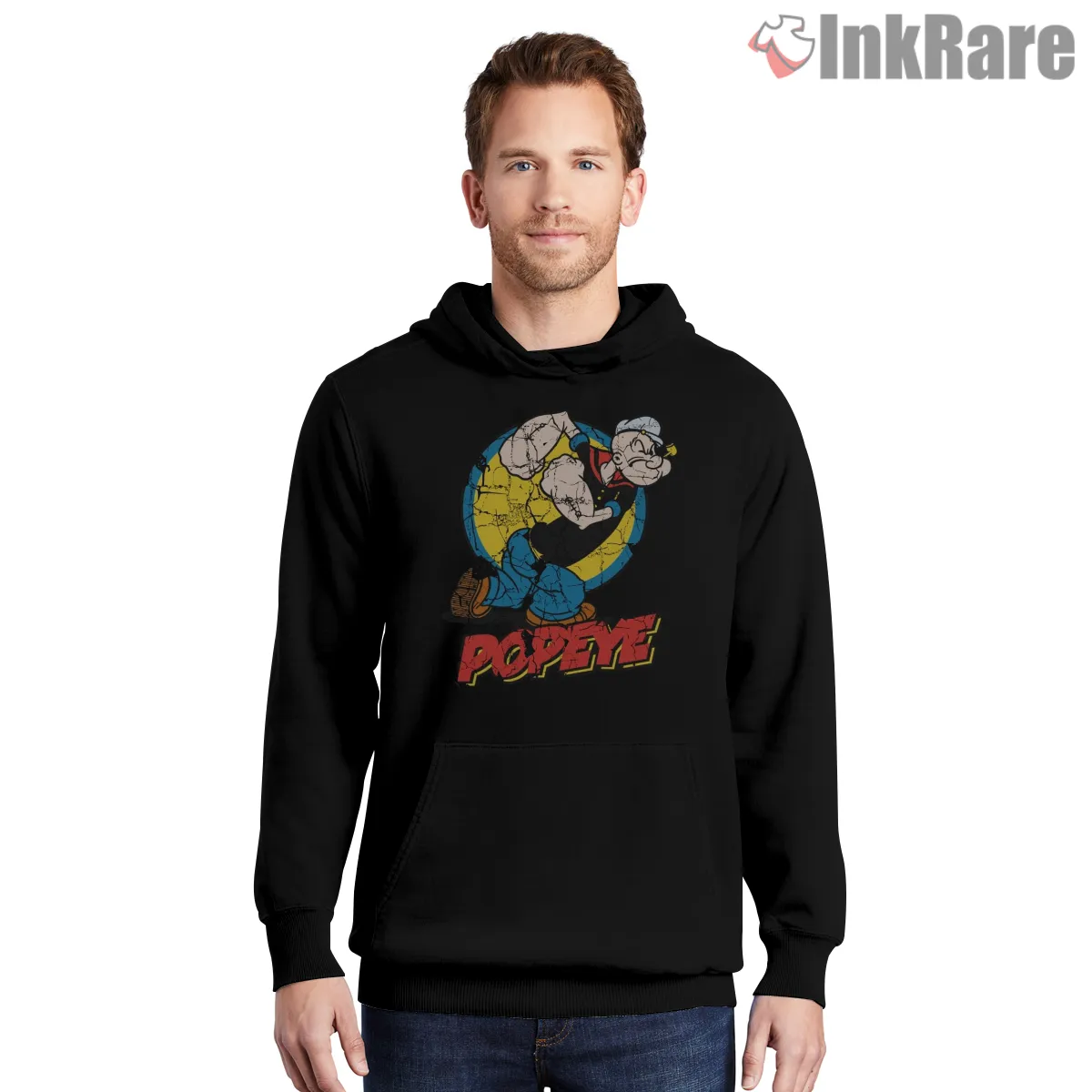 Popeye Retro Kick Action Distressed Shirt on black hoodie for men graphic tee