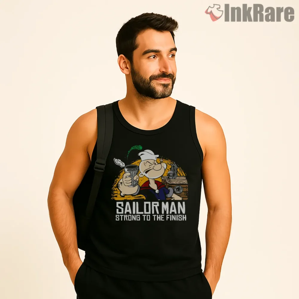Popeye Sailor Man Redemption Strong To The Finish Shirt on black tank top for men graphic tee