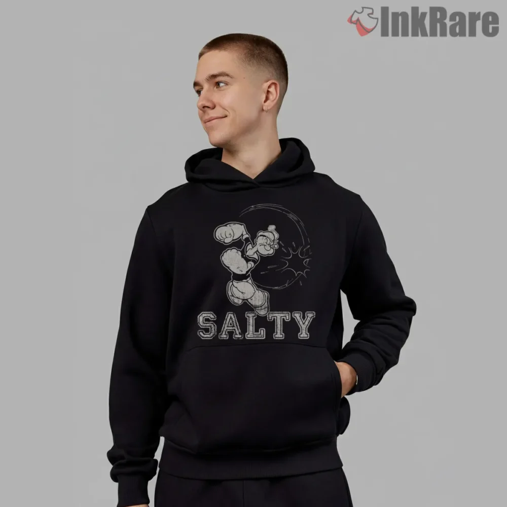 Popeye Salty Dockside Attitude Shirt on black hoodie for men graphic tee