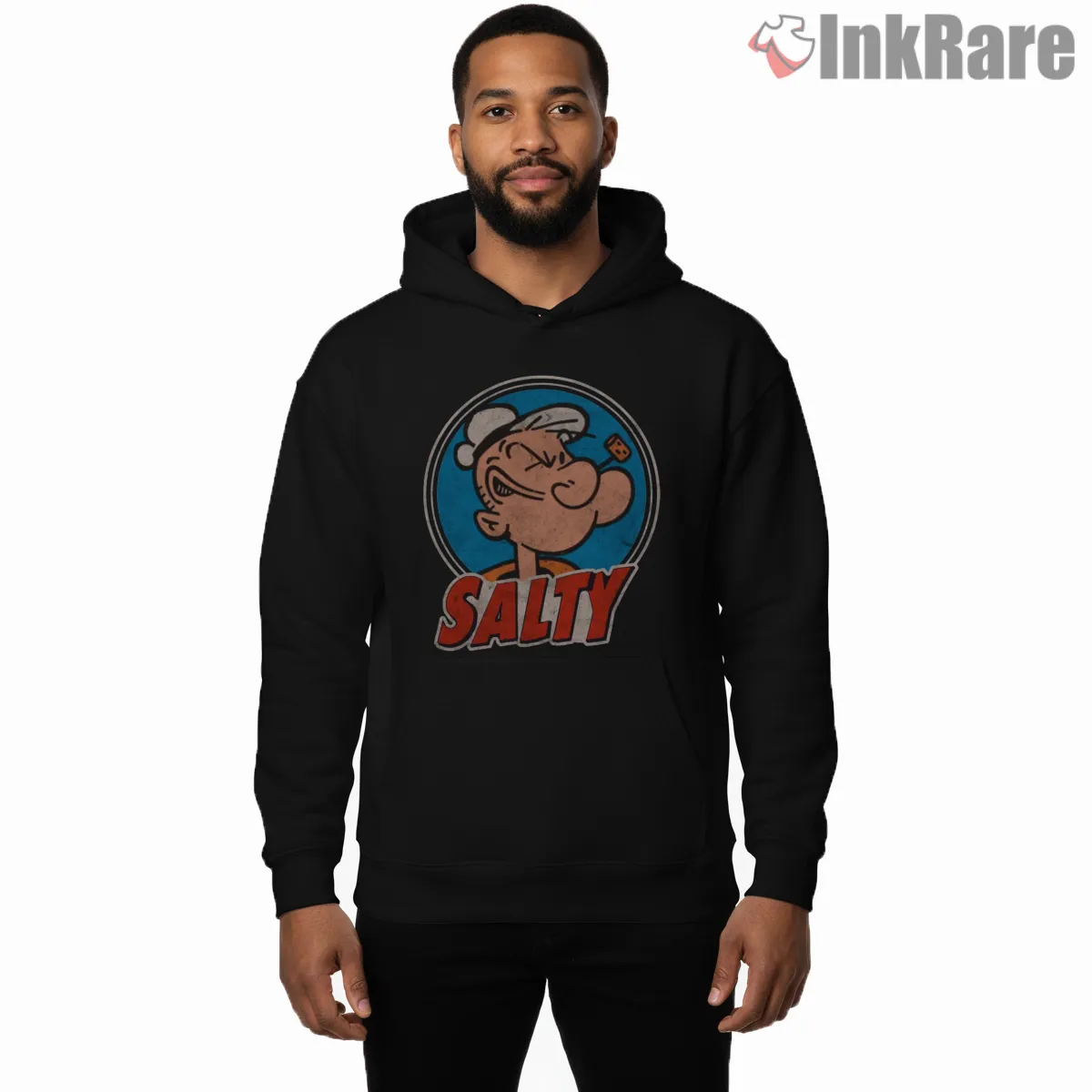 Popeye Salty Vintage Badge Shirt on black hoodie for men graphic tee