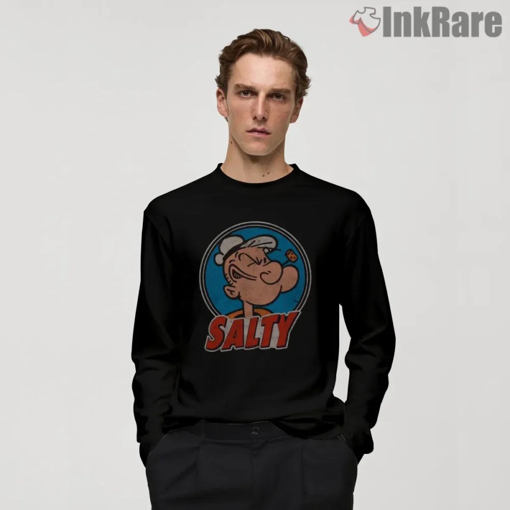 Popeye Salty Vintage Badge Shirt on black long sleeve shirt for men graphic tee