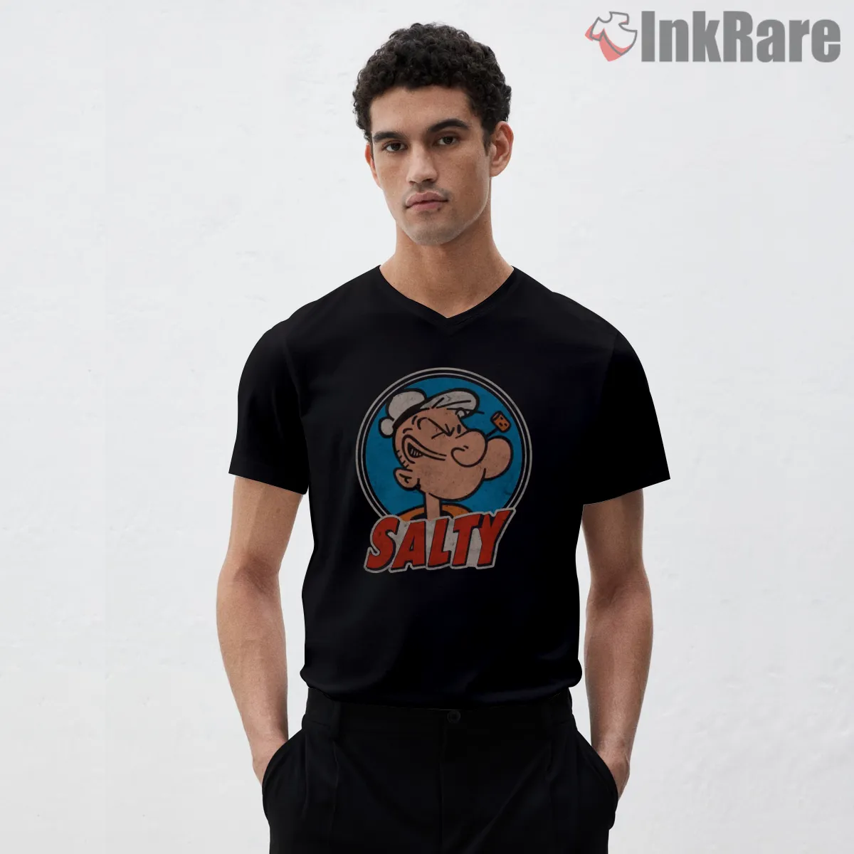 Popeye Salty Vintage Badge V Neck Black Popeye Salty Vintage Badge Shirt on black v-neck shirt for men graphic tee