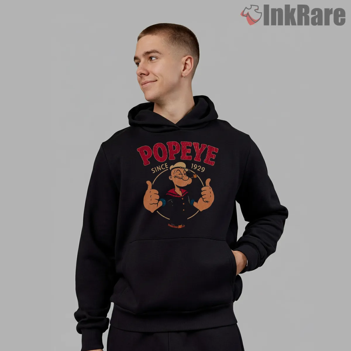 Popeye Since 1929 Classic Thumbs Up Shirt on black hoodie for men graphic tee