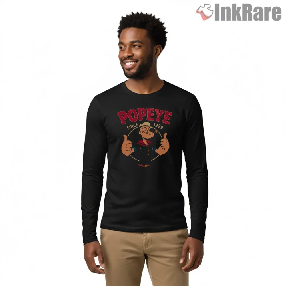Popeye Since 1929 Classic Thumbs Up Shirt on black long sleeve shirt for men graphic tee