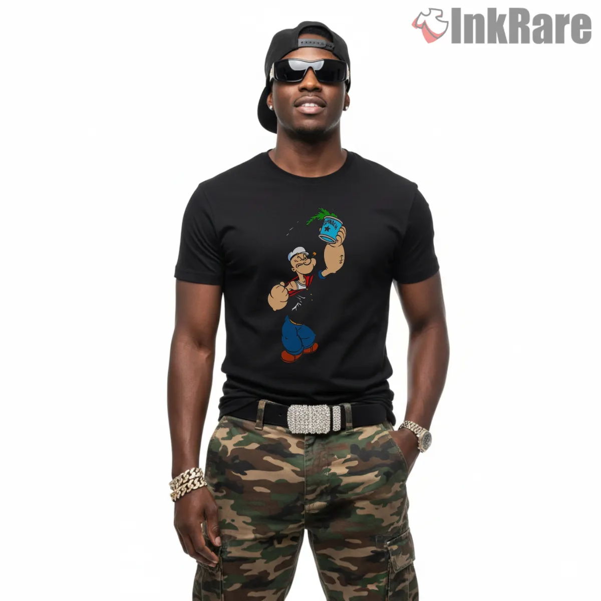 Popeye Spinach Days Victory Stride Shirt on black short sleeve shirt for men graphic tee