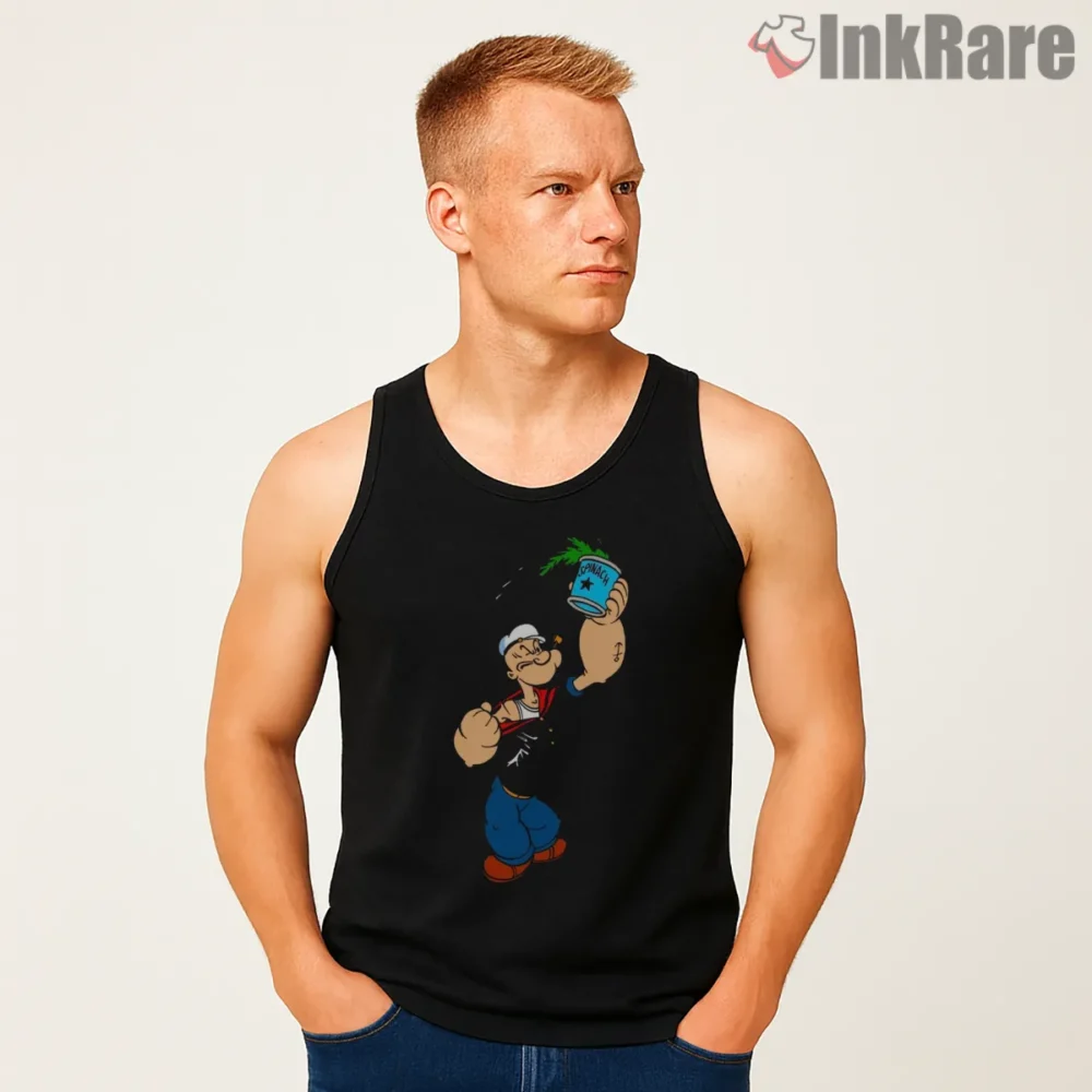 Popeye Spinach Days Victory Stride Shirt on black tank top for men graphic tee