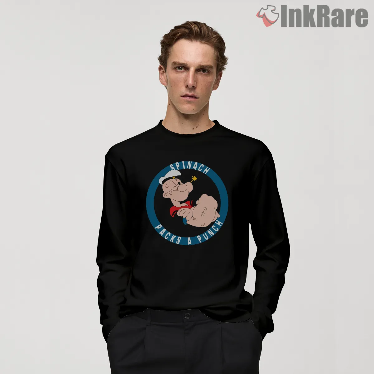 Popeye Spinach Packs A Punch Shirt on black long sleeve shirt for men graphic tee