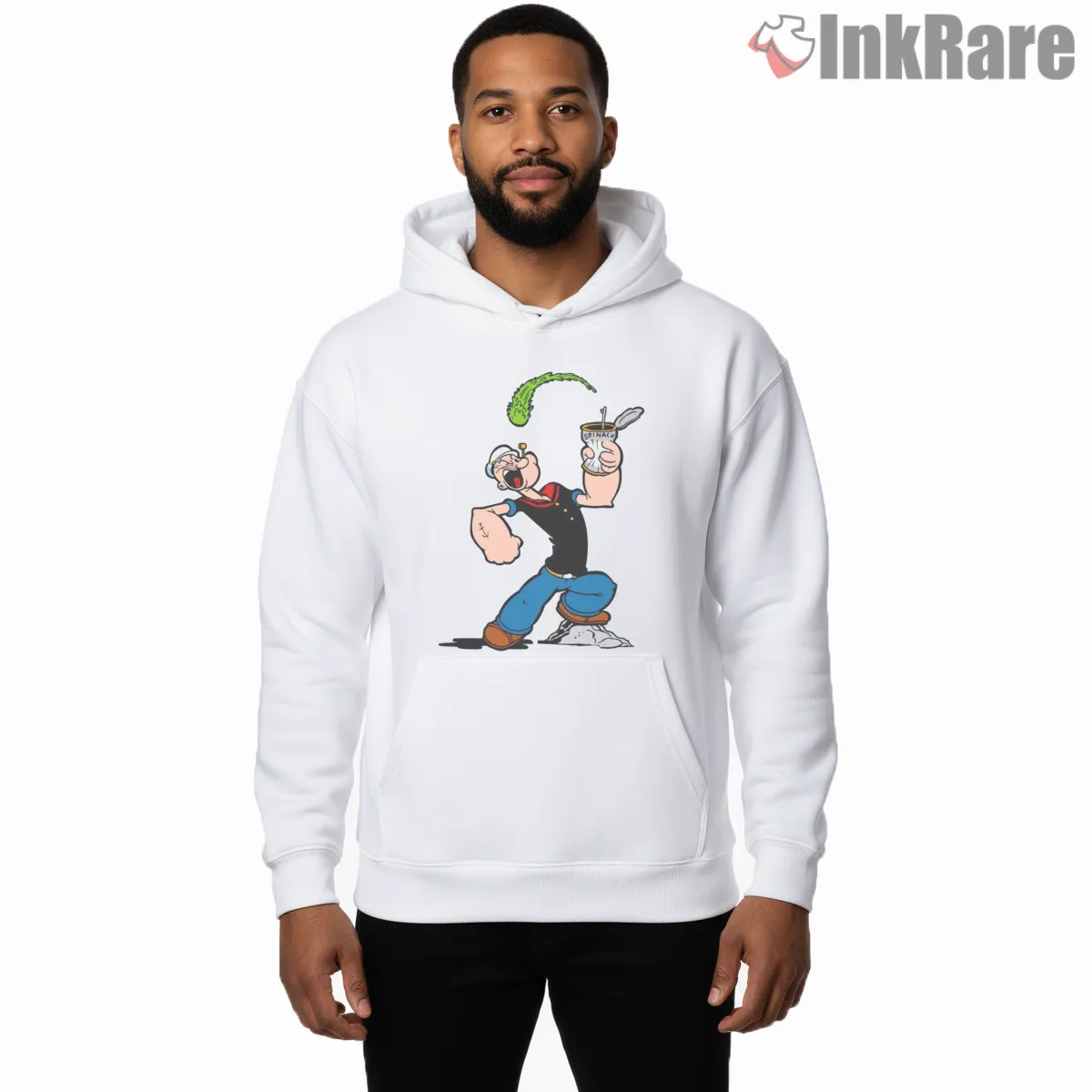 Popeye Spinach Power Up Cartoon Shirt on white hoodie for men graphic tee