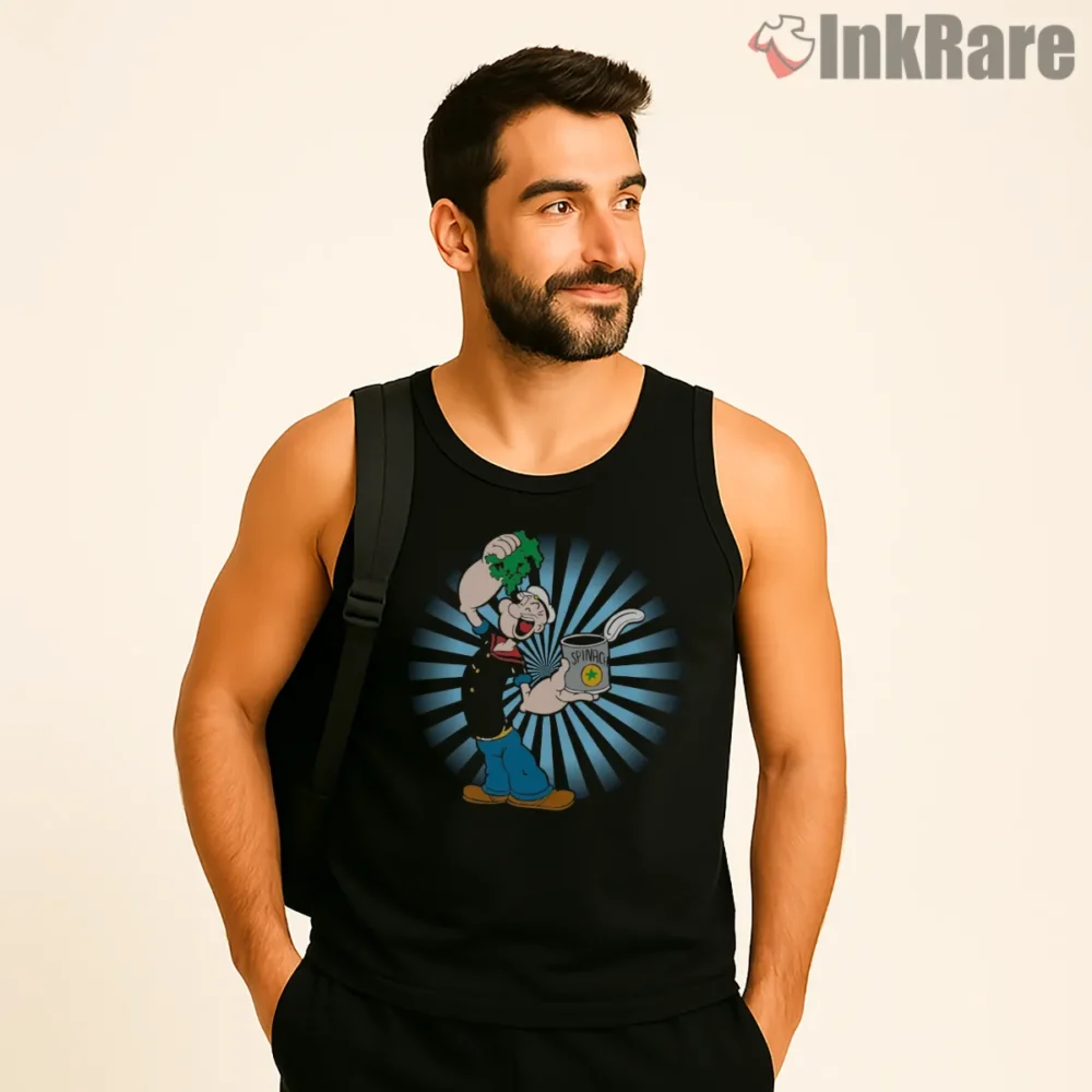 Popeye Spinach Spotlight Celebration Shirt on black tank top for men graphic tee
