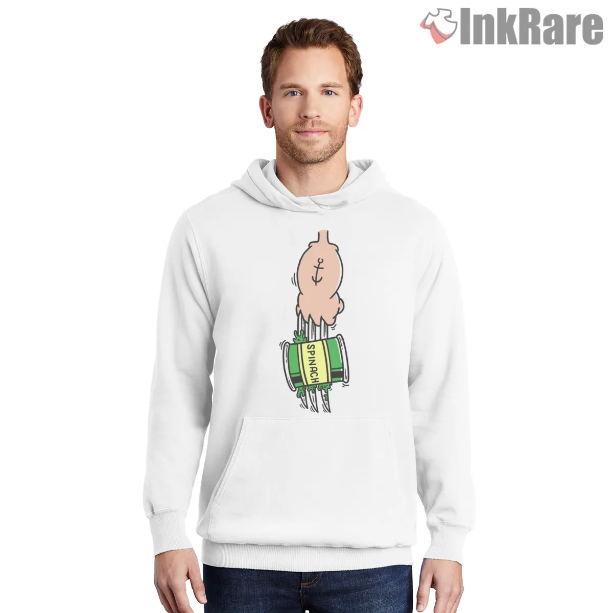 Popeye Strong Again Spinach Arm Shirt on white hoodie for men graphic tee