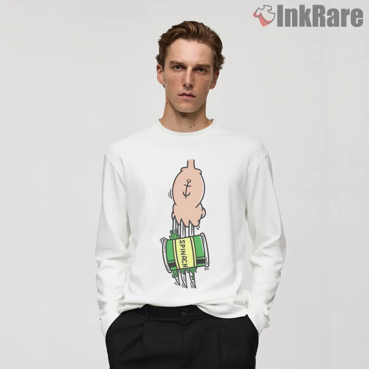 Popeye Strong Again Spinach Arm Long Sleeve White Popeye Strong Again Spinach Arm Shirt on white long sleeve shirt for men graphic tee