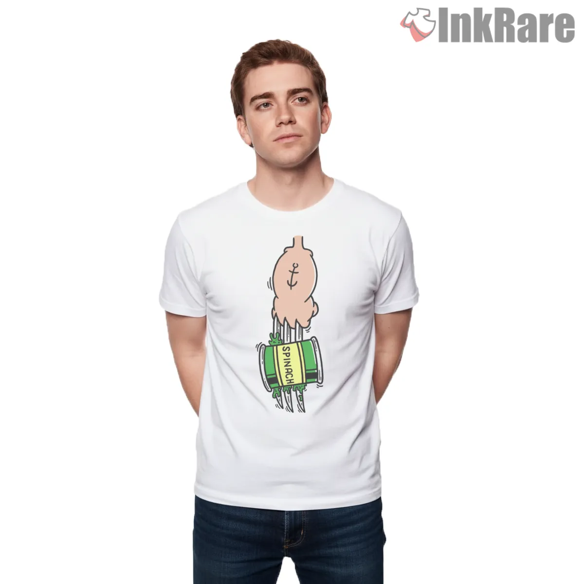 Popeye Strong Again Spinach Arm Short Sleeve White Popeye Strong Again Spinach Arm Shirt on white short sleeve shirt for men graphic tee
