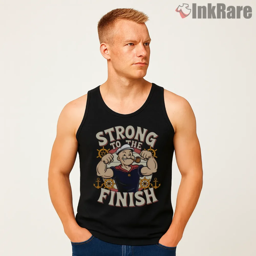 Popeye Strong To The Finish Anchor Shirt on black tank top for men graphic tee