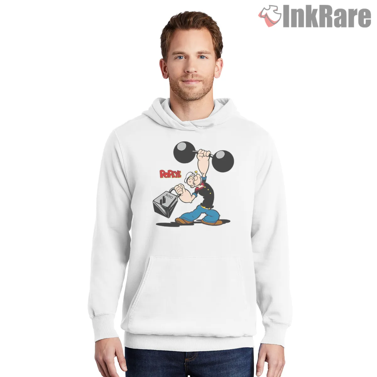 Popeye Strongman Power Weights Shirt on white hoodie for men graphic tee