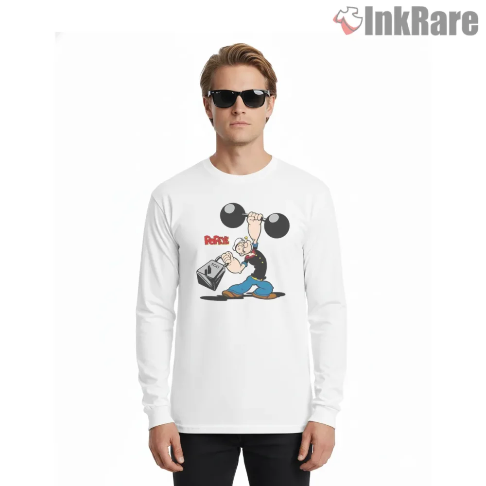 Popeye Strongman Power Weights Shirt on white long sleeve shirt for men graphic tee